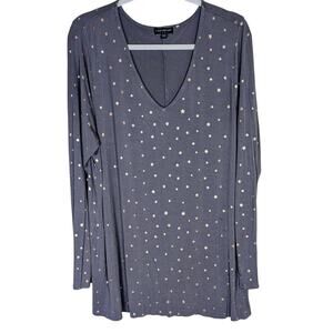 Lane Bryant Women Top 14/16 Gray Star Print Long Sleeve V-Neck Blouse